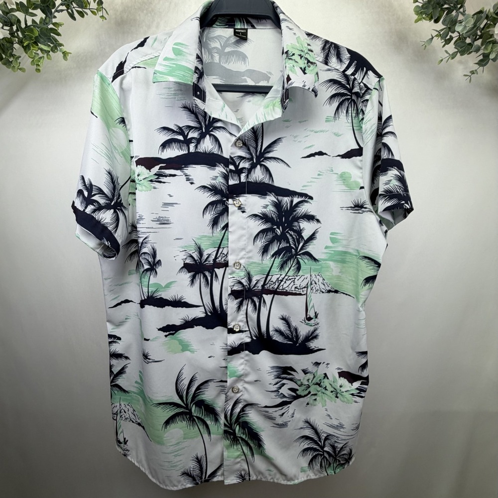 Manfinity Tropical Palm Tree Print Men's Shirt‎ L Hawaiian Stretch